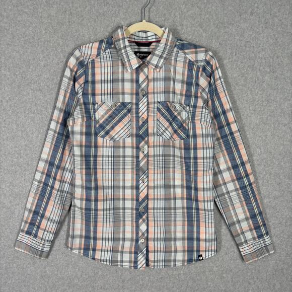 Marmot Shirt Women Small Blue Peach Plaid Button Textured Hiking Camping Western - Picture 1 of 11